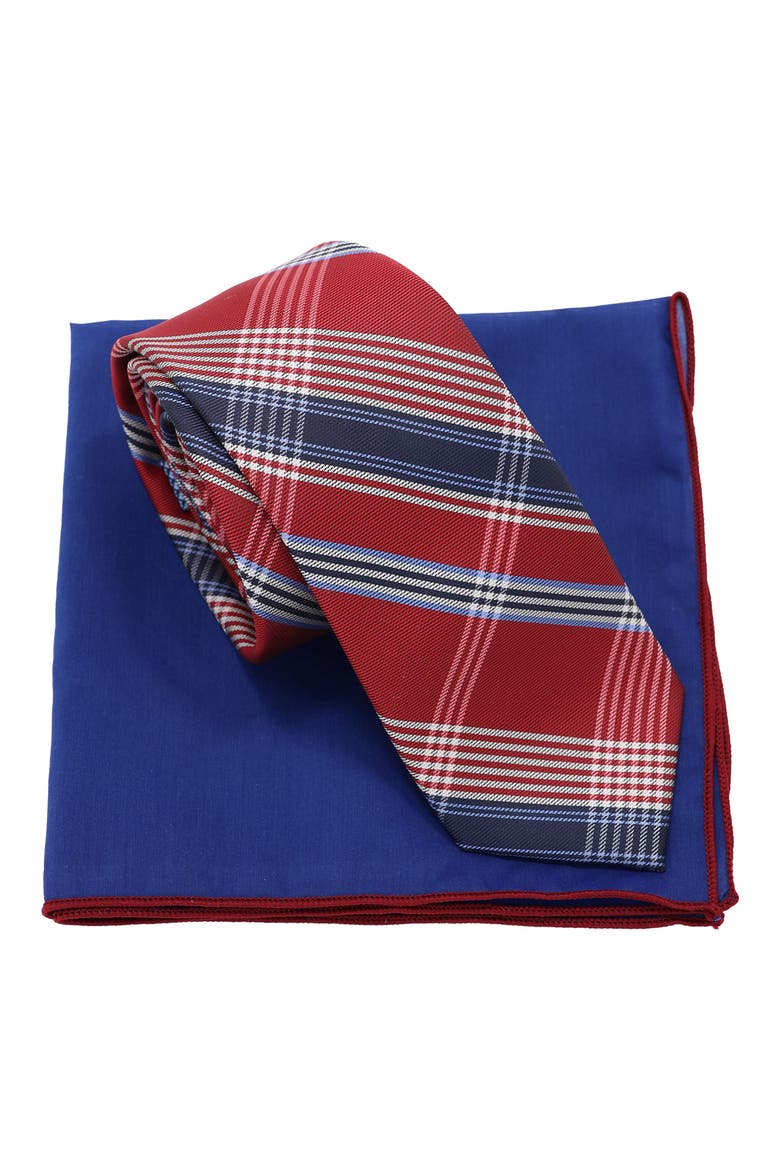 Plaid Tie & Pocket Square Box Set, Main, color, NAVY BURGUNDY