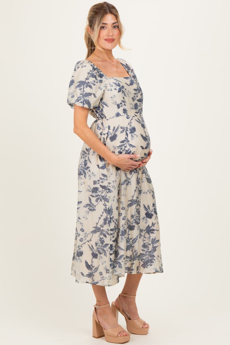 Floral Square Neck Puff Sleeve Midi Dress, Alternate, color, Navy Blue