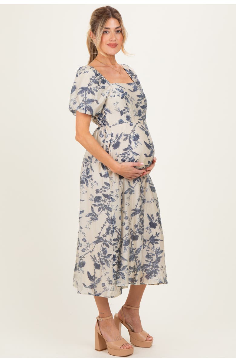 PinkBlush Floral Square Neck Puff Sleeve Midi Dress, Alternate, color, Navy Blue