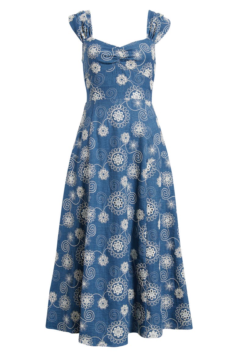 Embroidered Cap Sleeve Chambray Midi Dress, Alternate, color, DENIM