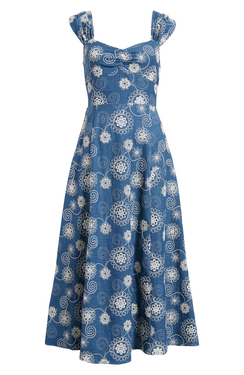 ZOE AND CLAIRE Embroidered Cap Sleeve Chambray Midi Dress, Alternate, color, Denim
