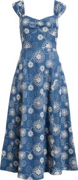 ZOE AND CLAIRE Embroidered Cap Sleeve Chambray Midi Dress