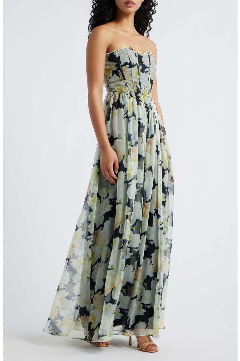 Remi Floral Strapless Corset Maxi Dress, Main, color, BLACK FLORAL