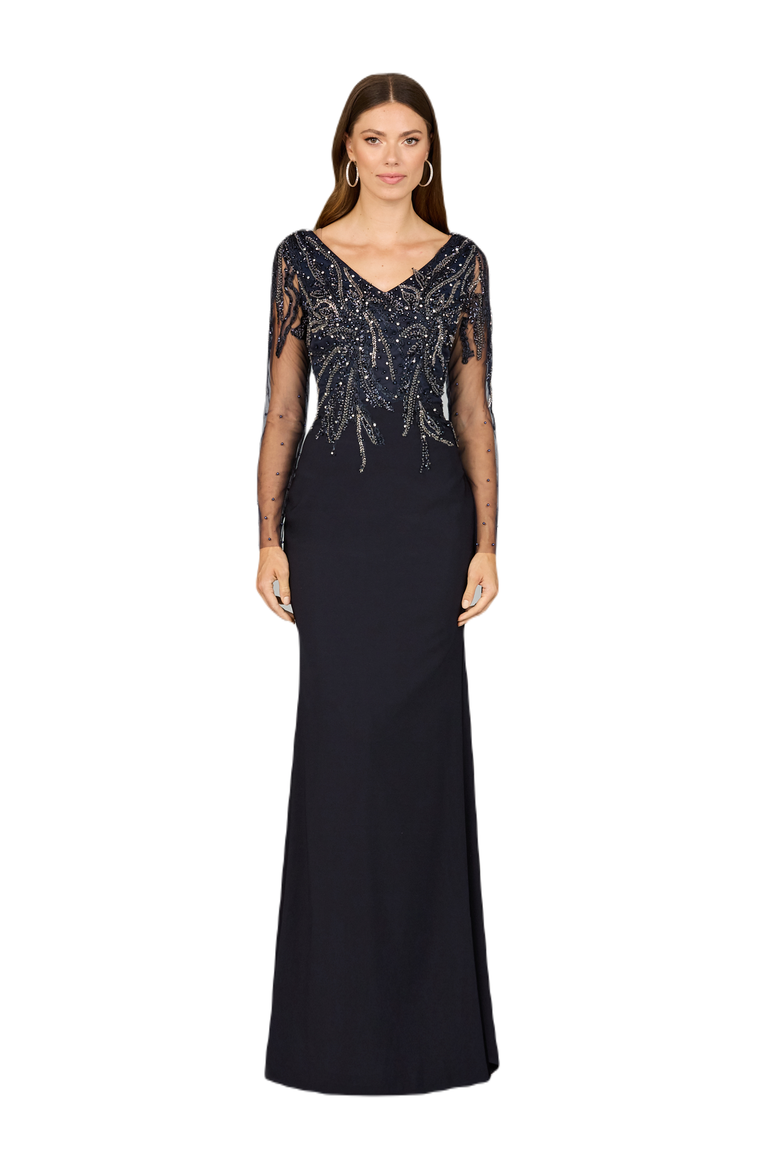 Long Sleeve Knit Gown, Main, color, Navy