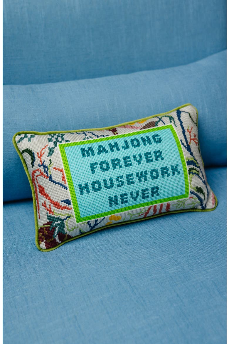 Mahjong Needlepoint Pillow, Alternate, color, Green, Blue-Green, Light Gray