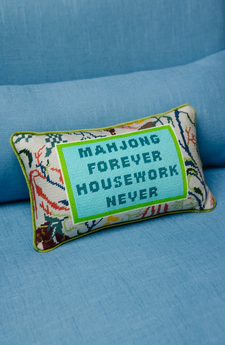 Furbish Mahjong Needlepoint Pillow, Alternate, color, Green, Blue-Green, Light Gray