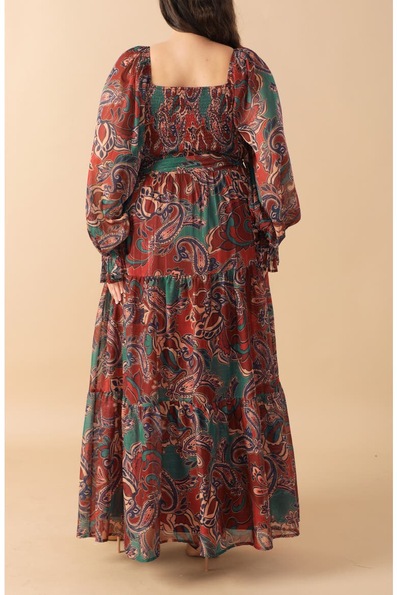 Paisley Smocked Long Sleeve Maxi Dress, Alternate, color, WINE/ TEAL