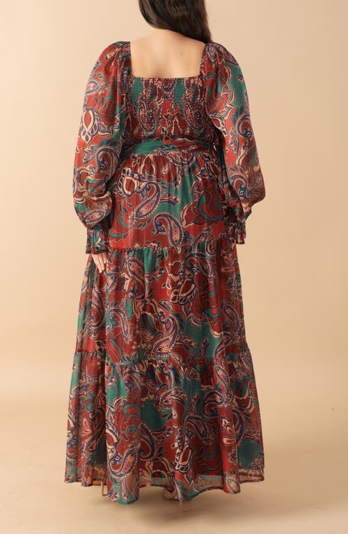 Flying Tomato Paisley Smocked Long Sleeve Maxi Dress In Red
