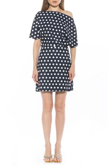 Alexia Admor Suri Draped One-shoulder Minidress In Navy Polka Dot