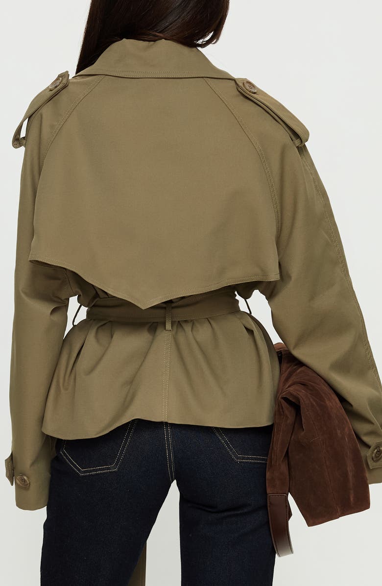 Princess Polly Eldora Double Breasted Belted Crop Trench Coat, Alternate, color, Green