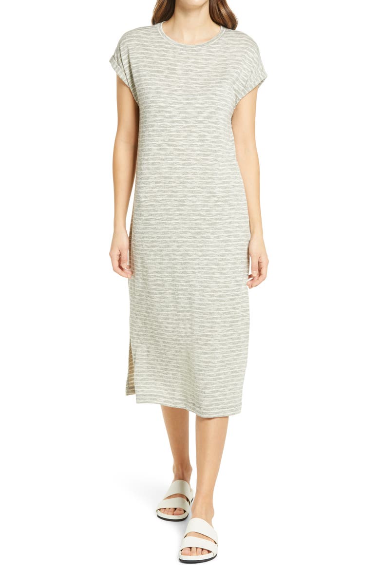 Roll Sleeve T-Shirt Dress, Main, color, GREEN- WHITE COMBO