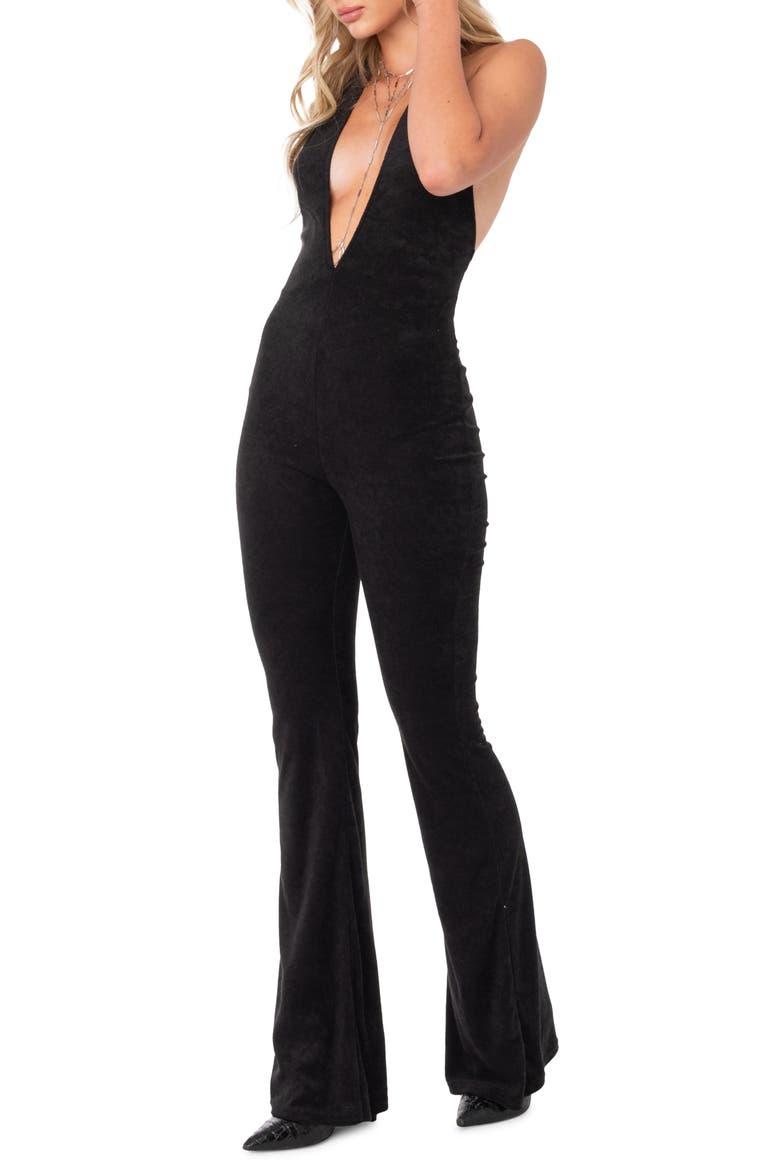 Terri Halter Wide Leg Velvet Jumpsuit, Alternate, color, BLACK