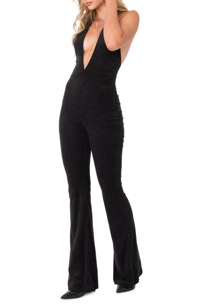 EDIKTED Terri Halter Wide Leg Velvet Jumpsuit, Alternate, color, 