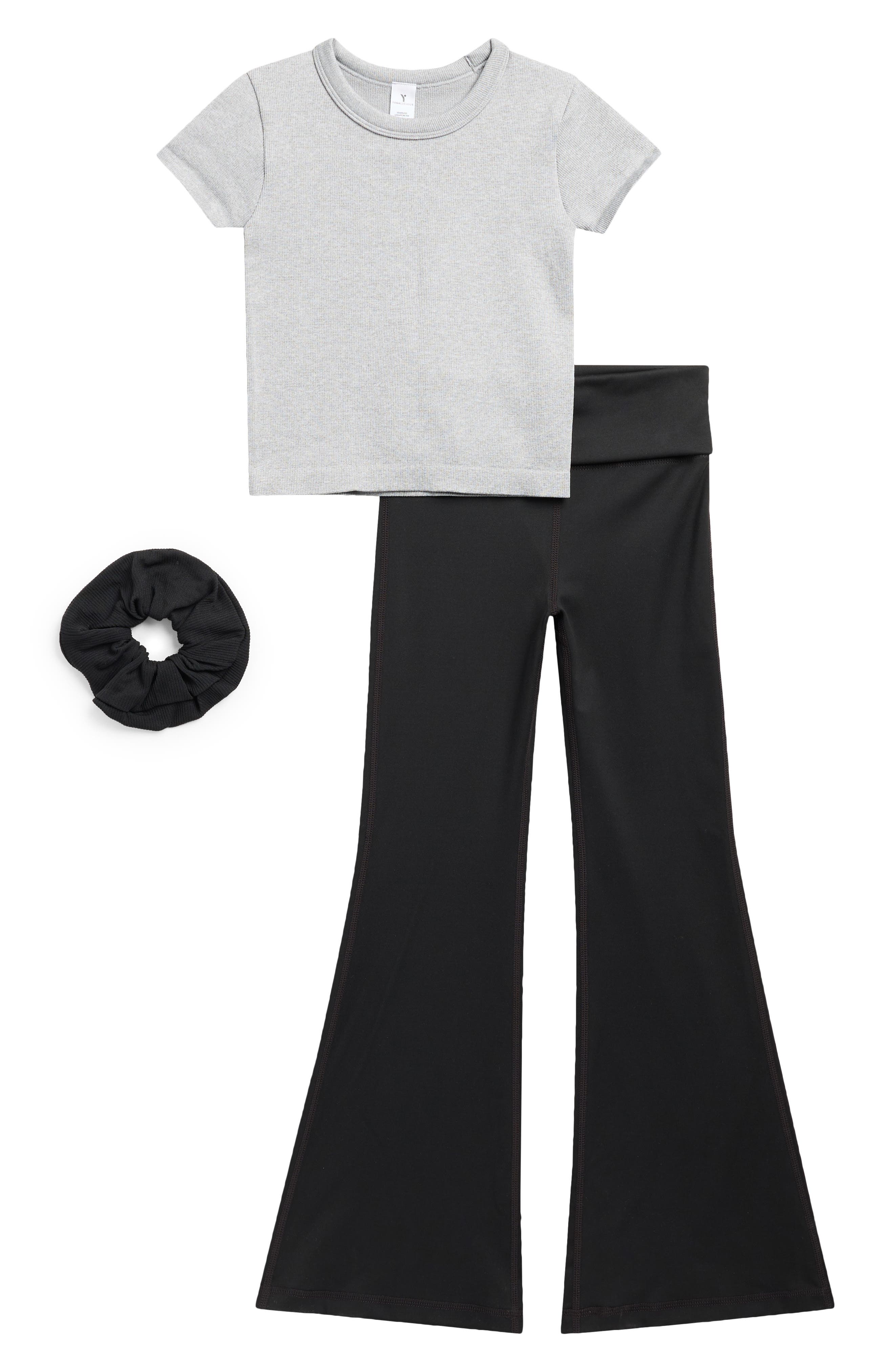 YOGALICIOUS Kids' Seamless Rib Top, Flare Leggings & Scrunchie Set