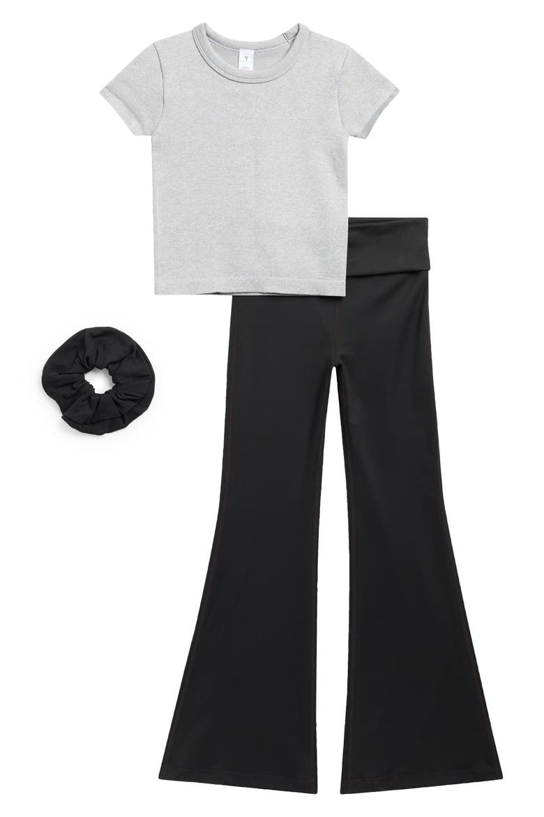 Kids' Seamless Rib Top, Flare Leggings & Scrunchie Set, Main, color, HEATHER GREY/ BLACK