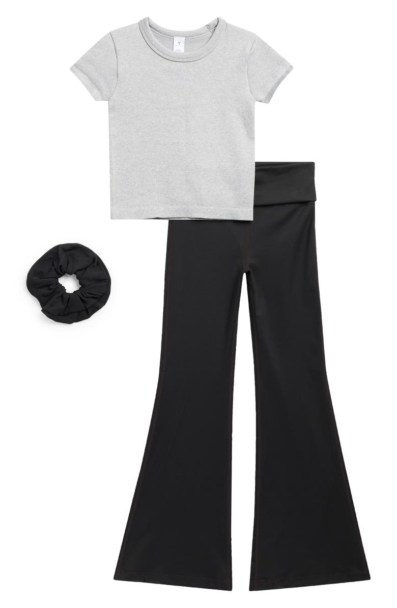 YOGALICIOUS Kids' Seamless Rib Top, Flare Leggings & Scrunchie Set, Main, color, Heather Grey/ Black