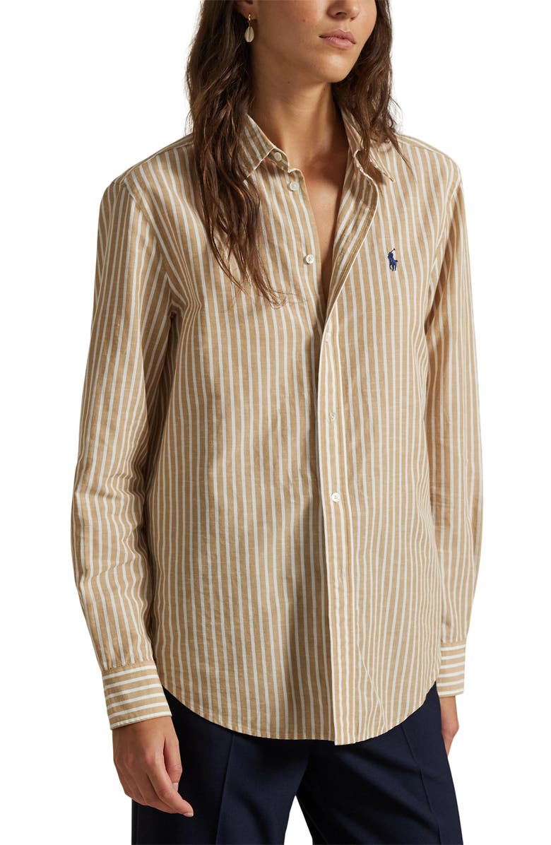 Polo Ralph Lauren Classic Fit Stripe Cotton & Linen Button-Up Shirt, Main, color, Classic Camel/White