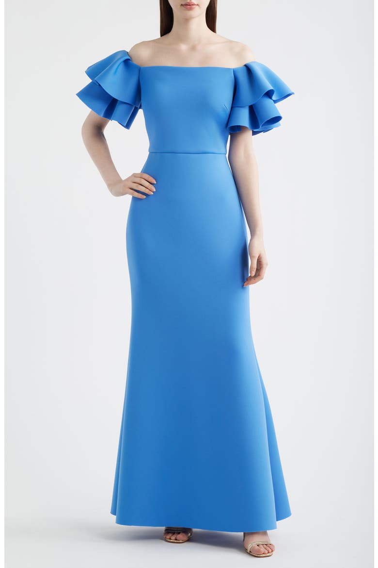 Ruffle Off the Shoulder Mermaid Gown, Main, color, PERIWINKLE