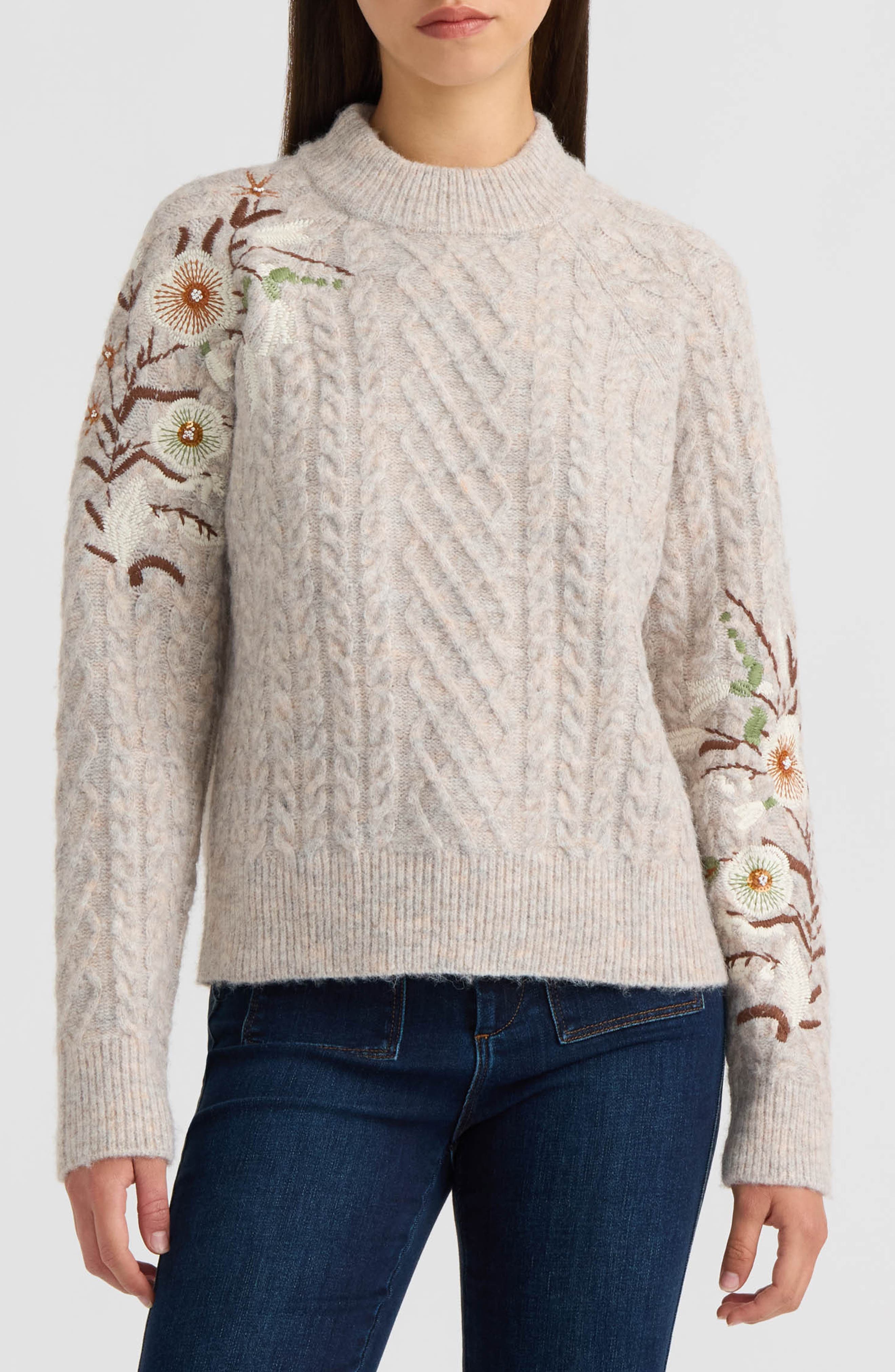 Embroidered Cable Mock Neck Sweater