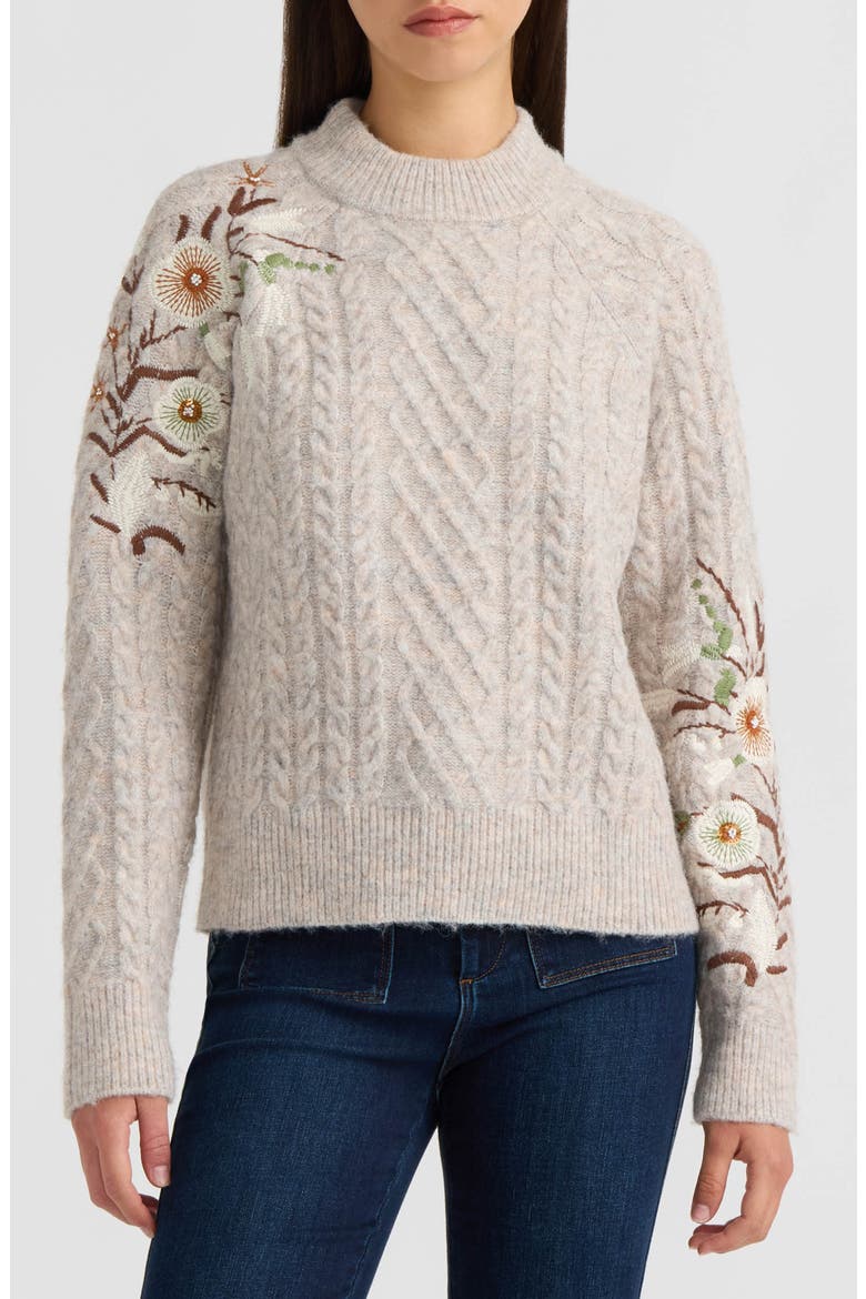 Embroidered Cable Mock Neck Sweater, Main, color, LIGHT GREY MELANGE