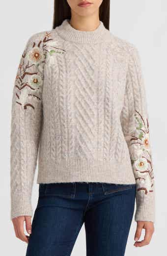 Embroidered Cable Mock Neck Sweater