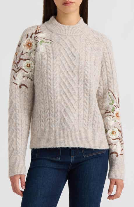 Embroidered Cable Mock Neck Sweater