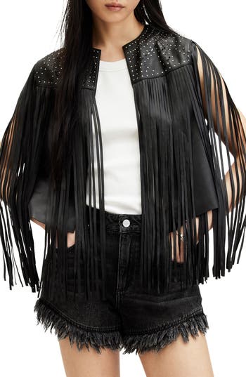 Allsaints Elias Astral Leather Tassel Gilet In Black