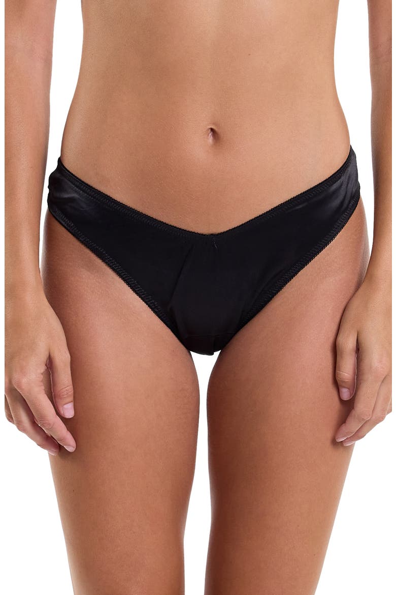 Dark & Dangerous High Cut Satin Thong, Alternate, color, BLACK
