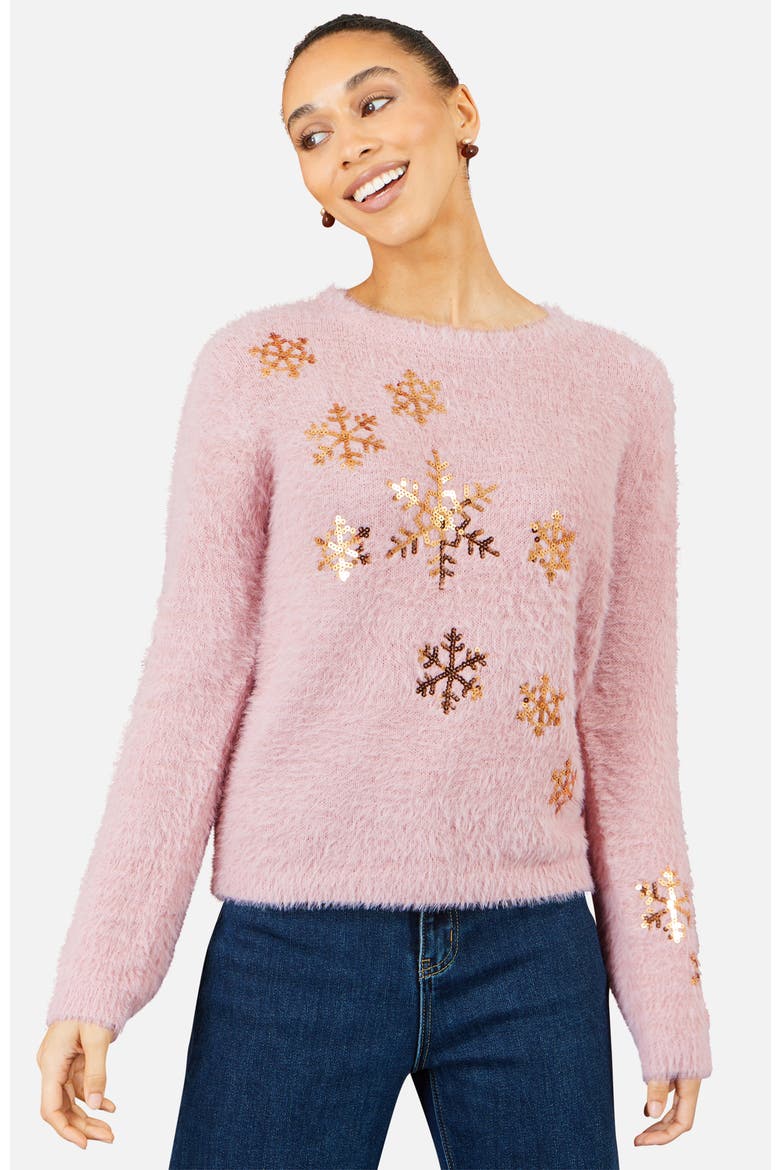 Sequin Snowflake Fluffy Jumper, Alternate, color, Blush