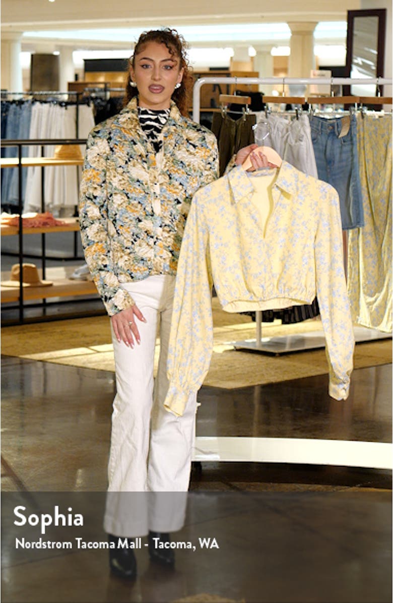 June Floral Print Bishop Sleeve Linen Crop Shirt, sales video thumbnail