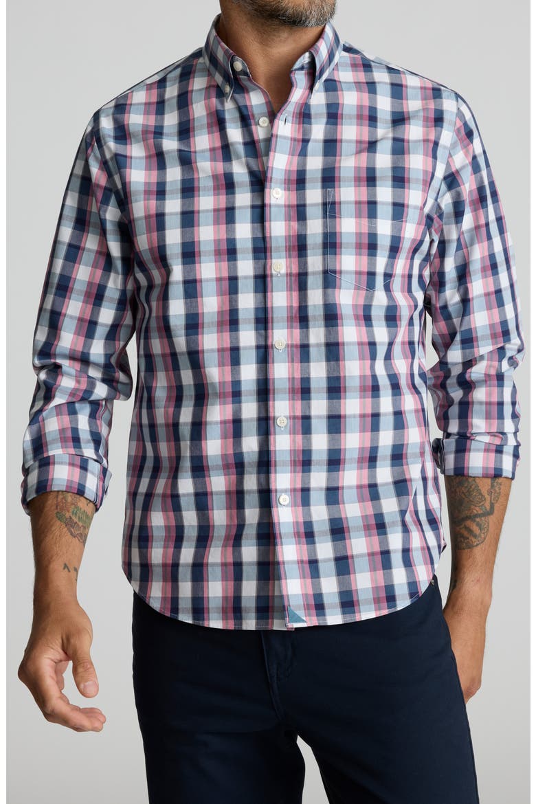 Schwarz Regular Fit Plaid Wrinkle Free Cotton Button-Down Shirt, Main, color, DARK BLUE WHITE RED