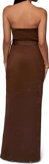 Chocolate Xena Belted Strapless Faux Suede Maxi Dress