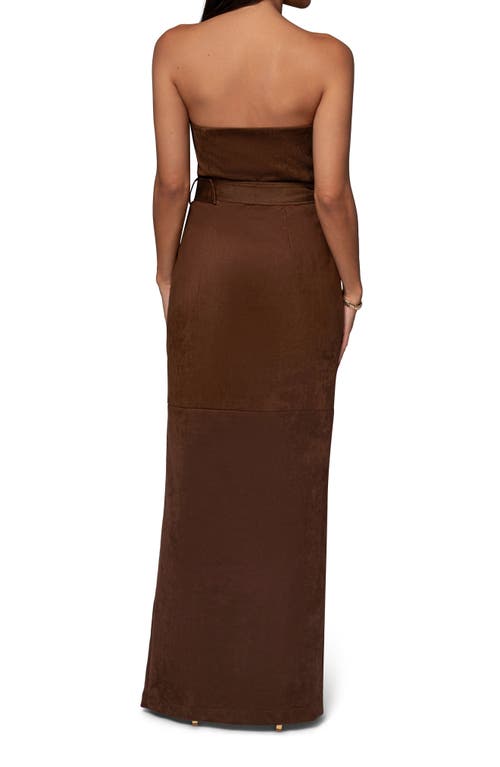 JLUXLABEL JLUXLABEL CHOCOLATE XENA BELTED STRAPLESS FAUX SUEDE MAXI DRESS