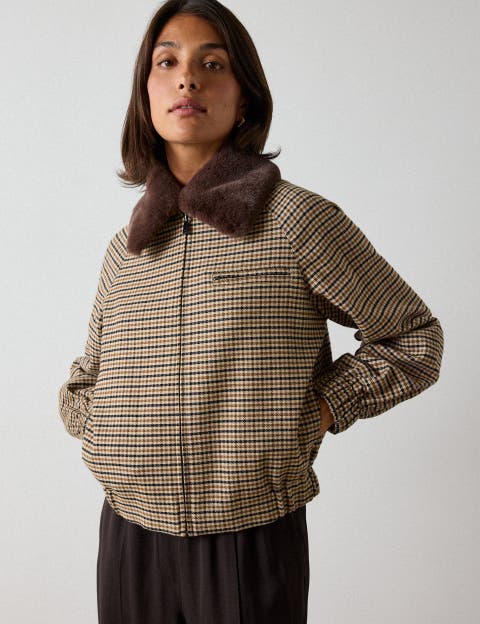 Fur Collar Checked Bomber Jacket