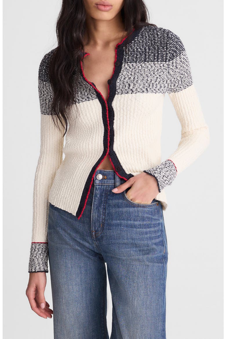 Stripe Bouclé Cardigan, Main, color, IVORY AND NAVY MULTI STRIPE