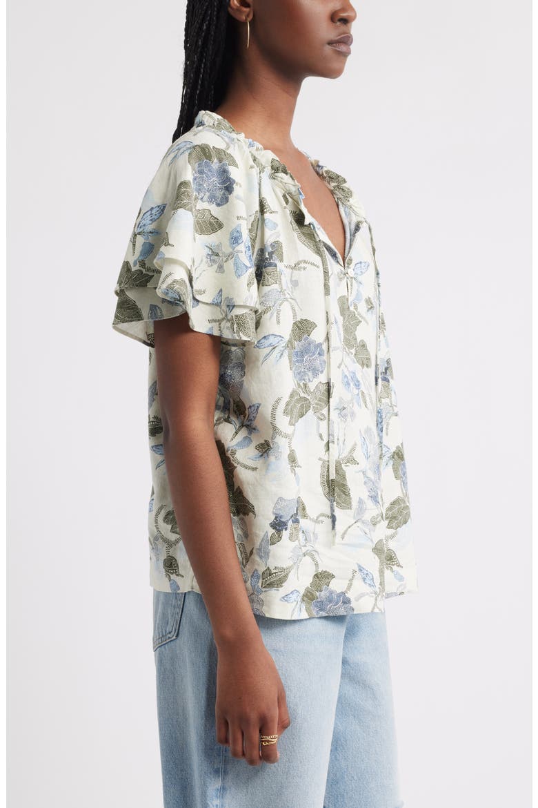 Shirred Botanical Print Linen Blend Top, Alternate, color, IVORY- OLIVE JACOBEAN BLOOM