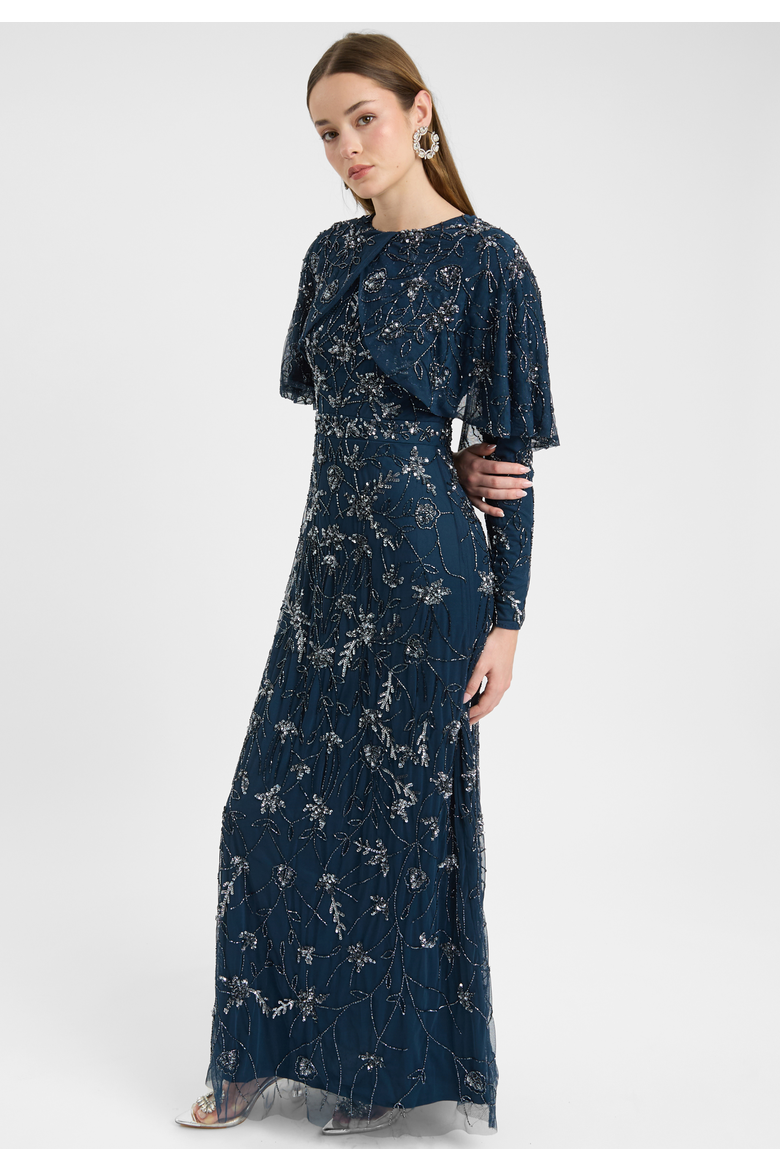 Modest Embellished Sequin Beaded Dress Maxi With Attacehd Cape, Alternate, color, NAVY