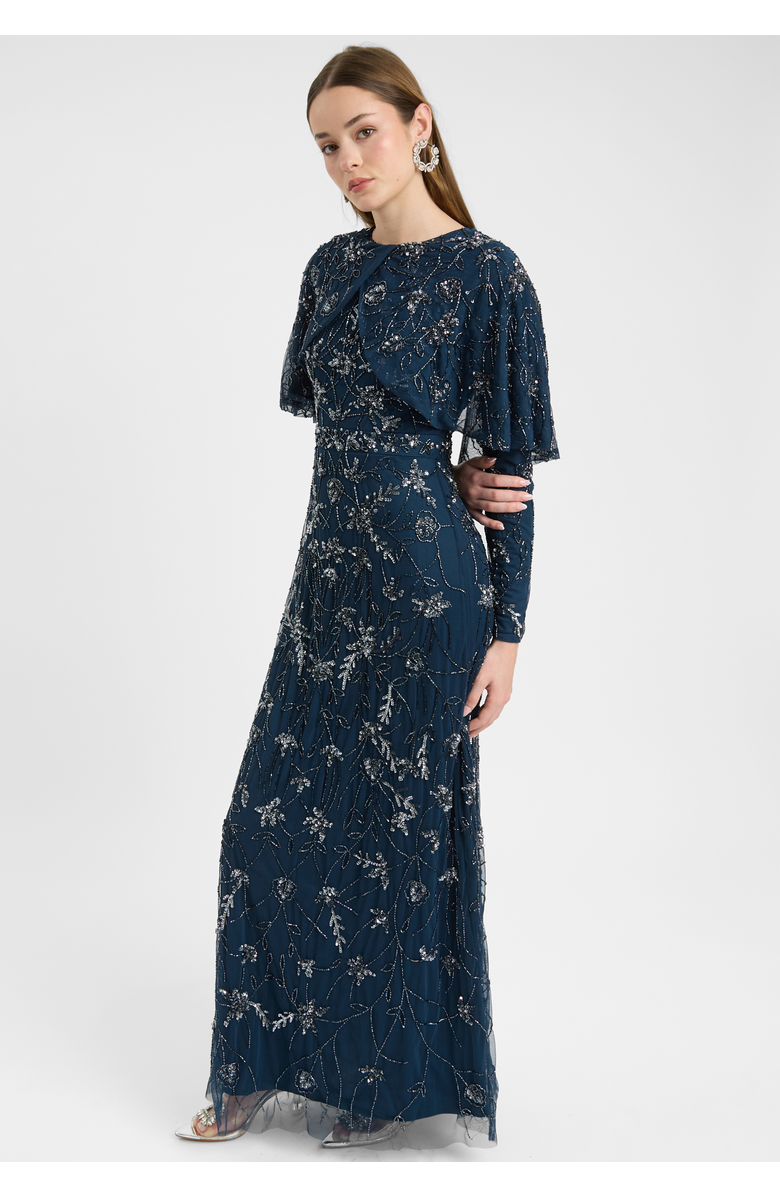 MARYISA Modest Embellished Sequin Beaded Dress Maxi With Attacehd Cape, Alternate, color, Navy
