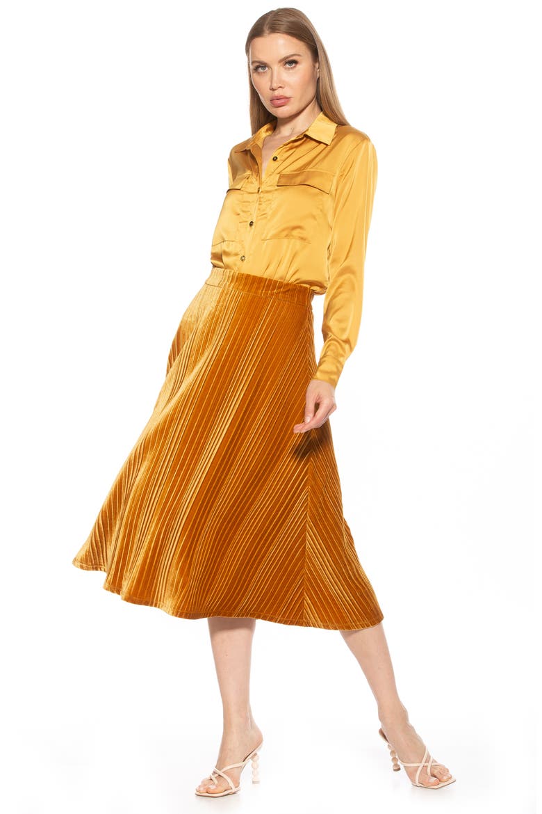 Alania Pleated Velvet Midi Skirt, Alternate, color, GOLDEN