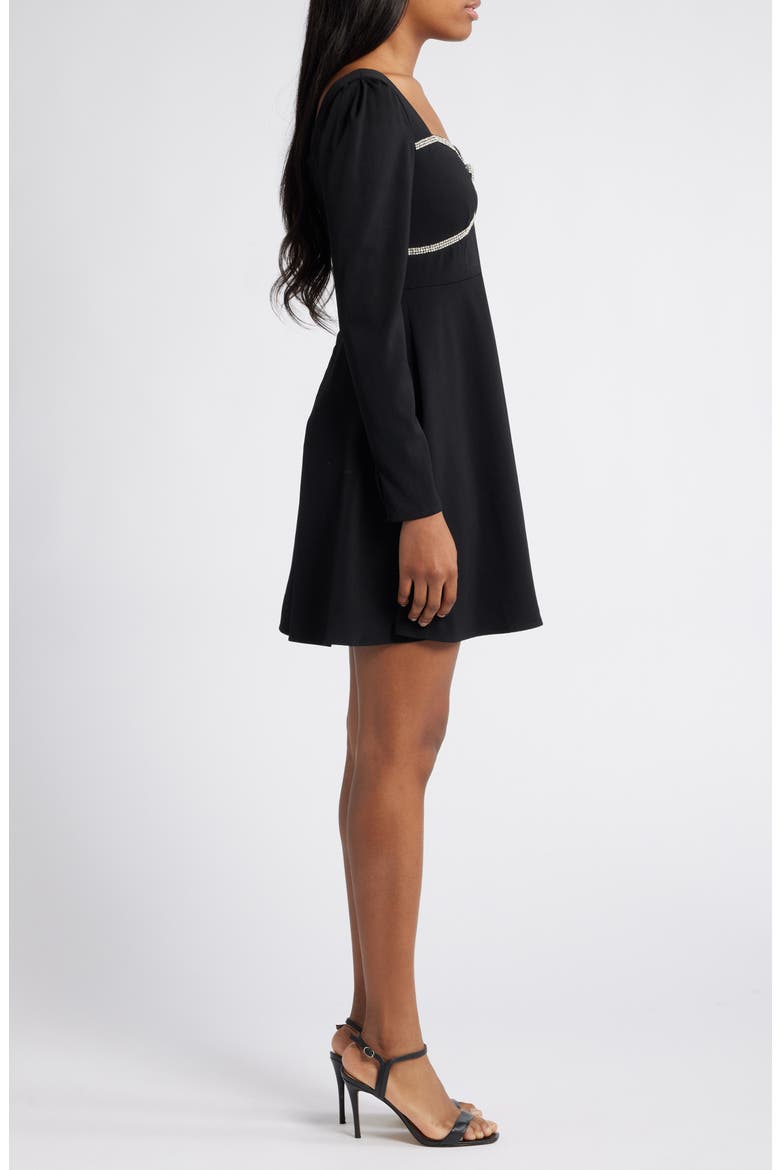 Rhinestone Bow Long Sleeve Fit & Flare Minidress, Alternate, color, BLACK