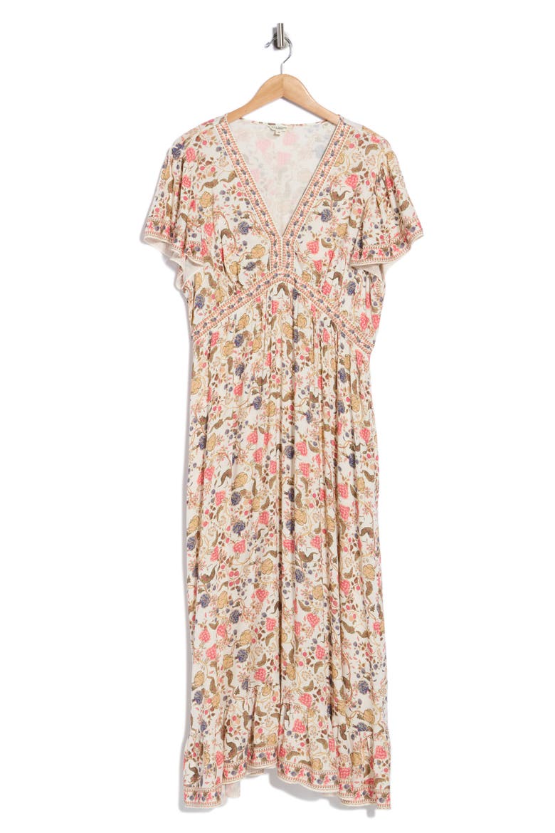 Floral Flutter Sleeve Empire Waist Maxi Dress, Alternate, color, CREAM/ RED FLORAL MUSE