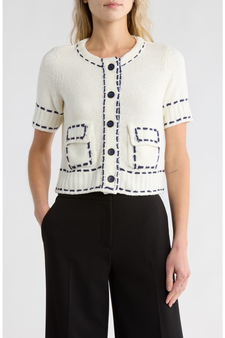 Stitch Detail Short Sleeve Sweater, Main, color, IVORY/ INDIGO