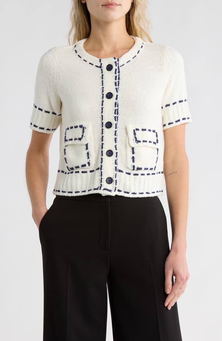 JASON WU Stitch Detail Short Sleeve Sweater, Main, color, Ivory/ Indigo