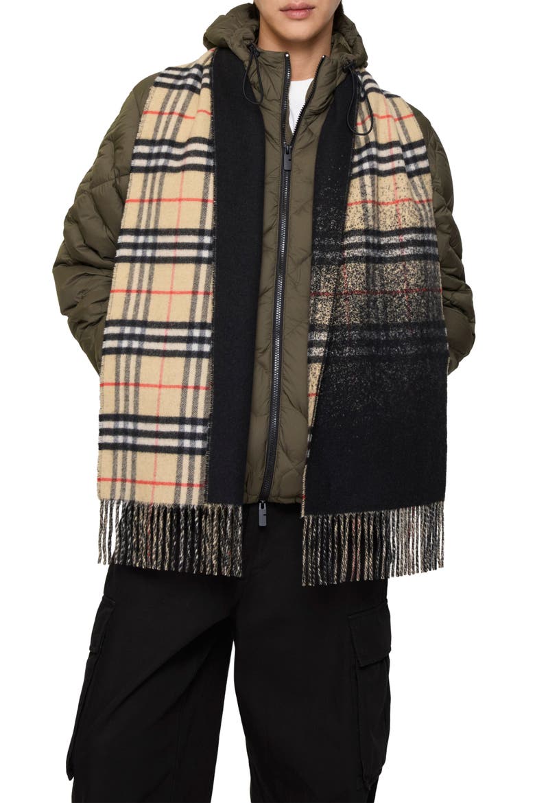 Gradient Check Jacquard Double Face Cashmere Fringe Scarf, Alternate, color, SAND