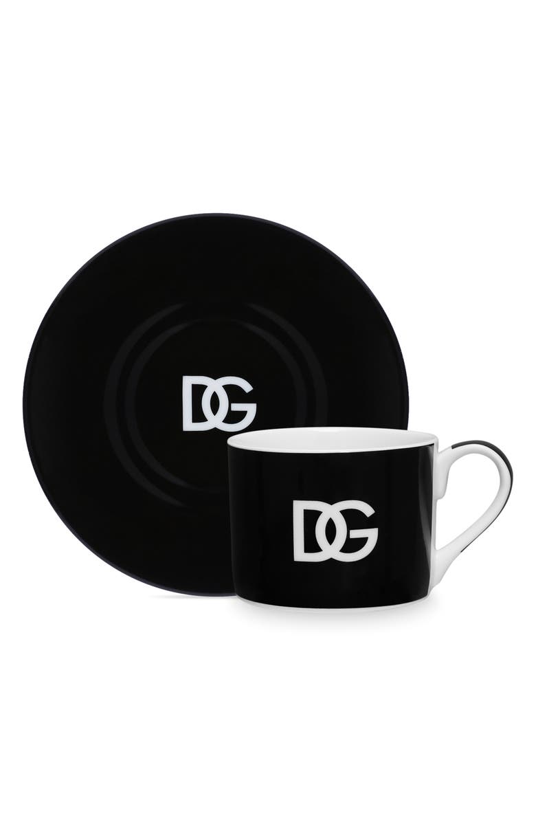 Dolce&Gabbana Set of 2 DG Logo Teacups & Saucers, Main, color, Black
