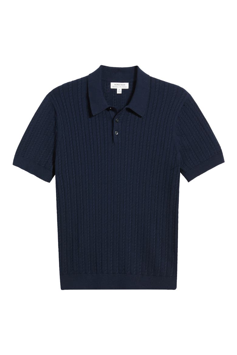 Cabled Cotton & Cashmere Polo Sweater, Alternate, color, NAVY NIGHT