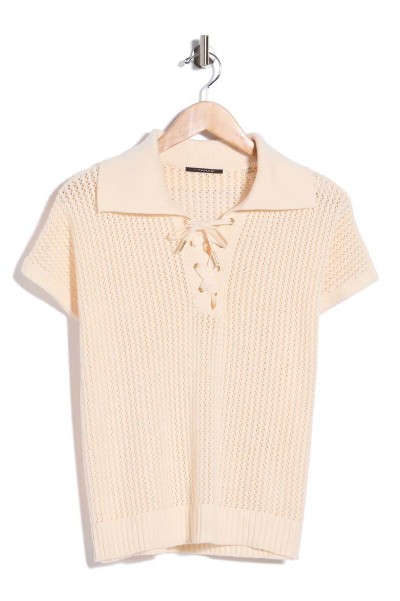 Tie Neck Short Sleeve Open Stitch Sweater, Alternate, color, CREAM