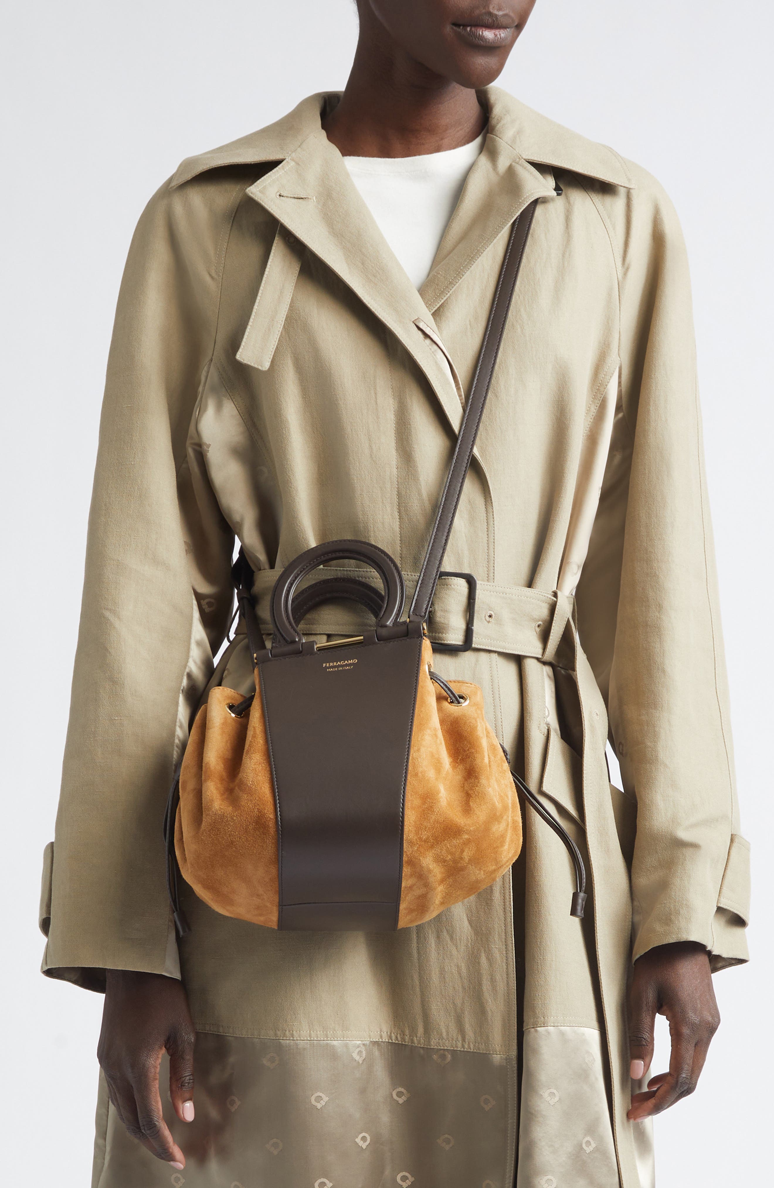 FERRAGAMO Hug Leather & Suede Bucket Bag, Alternate, color, Naturale 6 Testa Di Moro