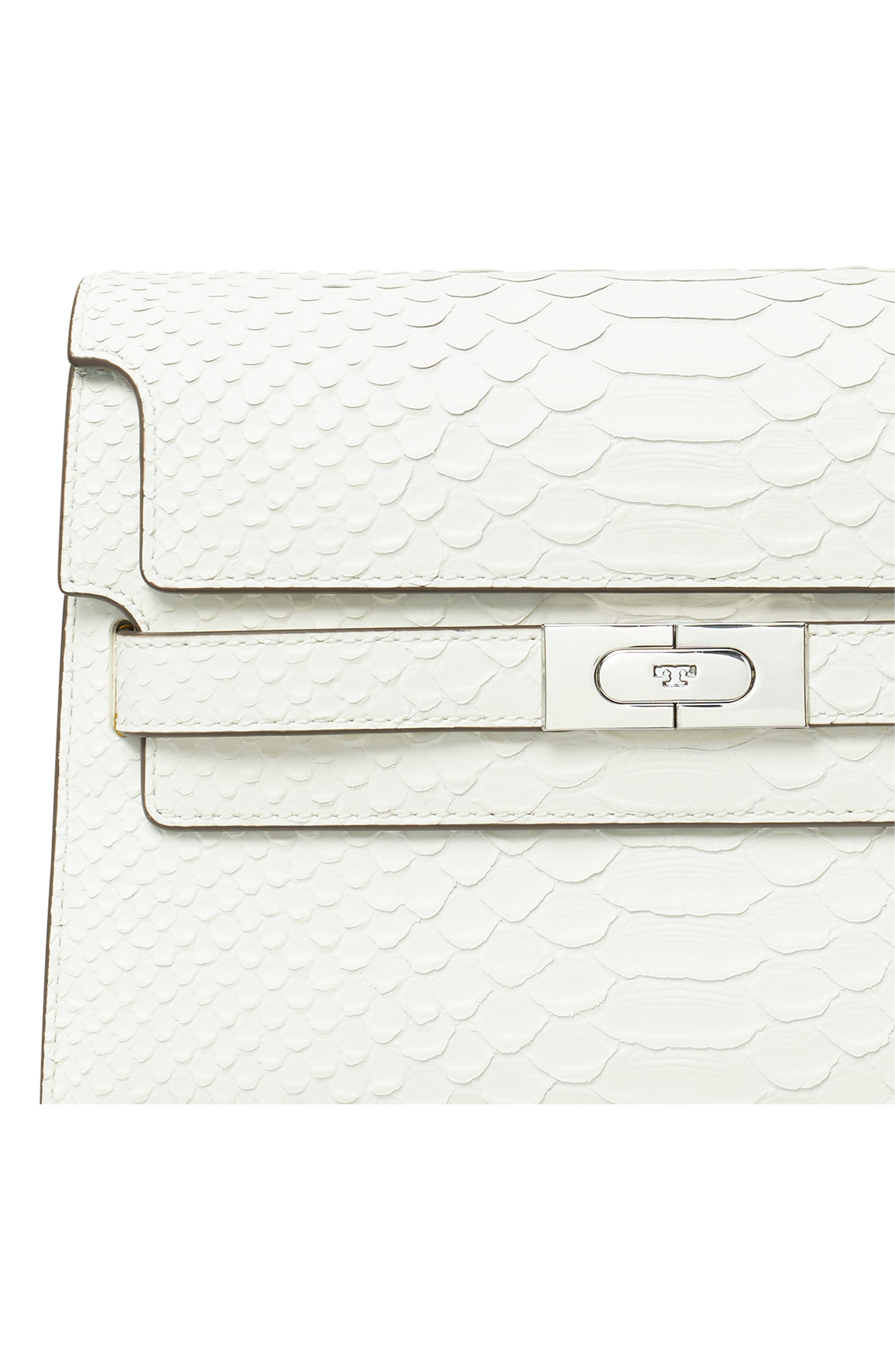 Tory Burch Lee Radziwill Snake Embossed Leather Shoulder Bag, Alternate, color, Blanc