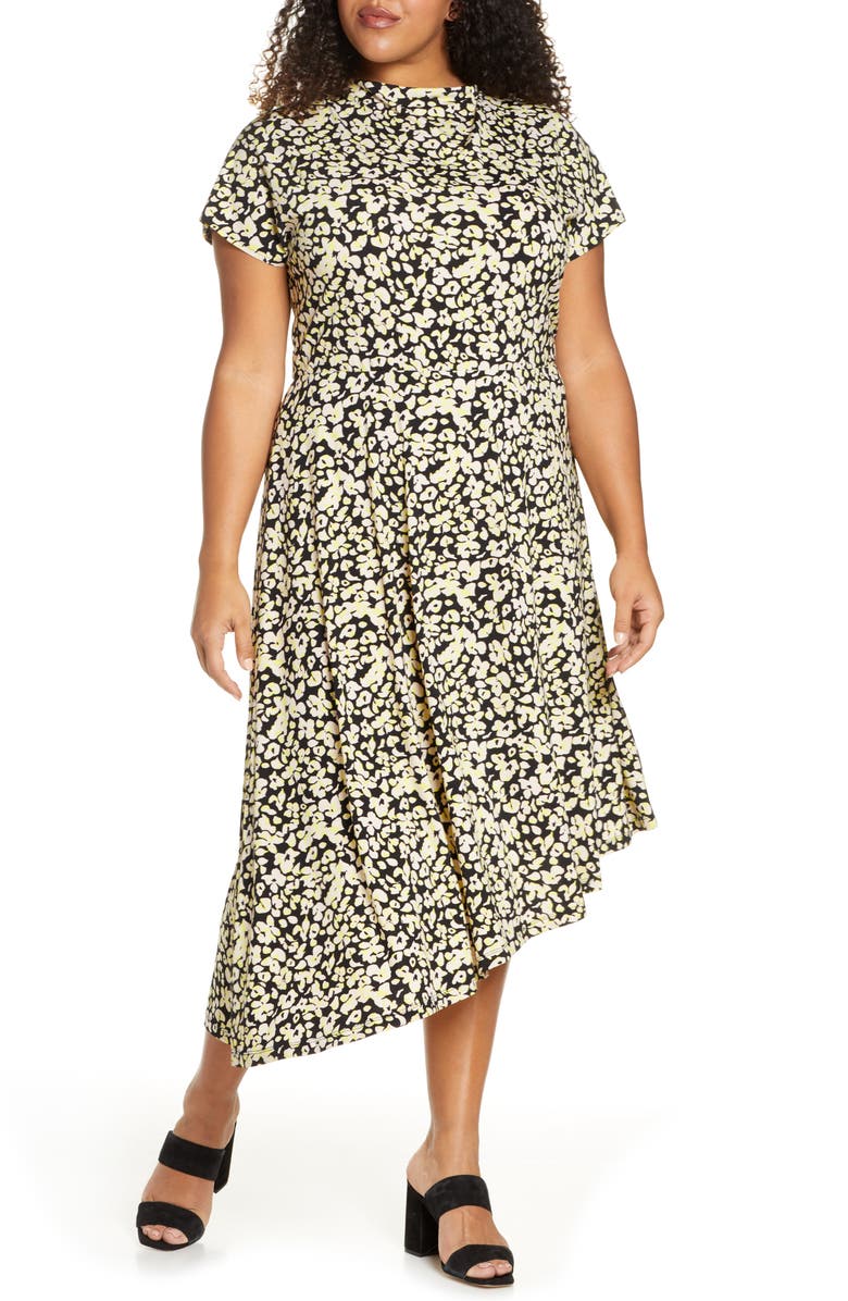 ELOQUII Floral Asymmetrical Hem Stretch Jersey Midi Dress, Main, color, 